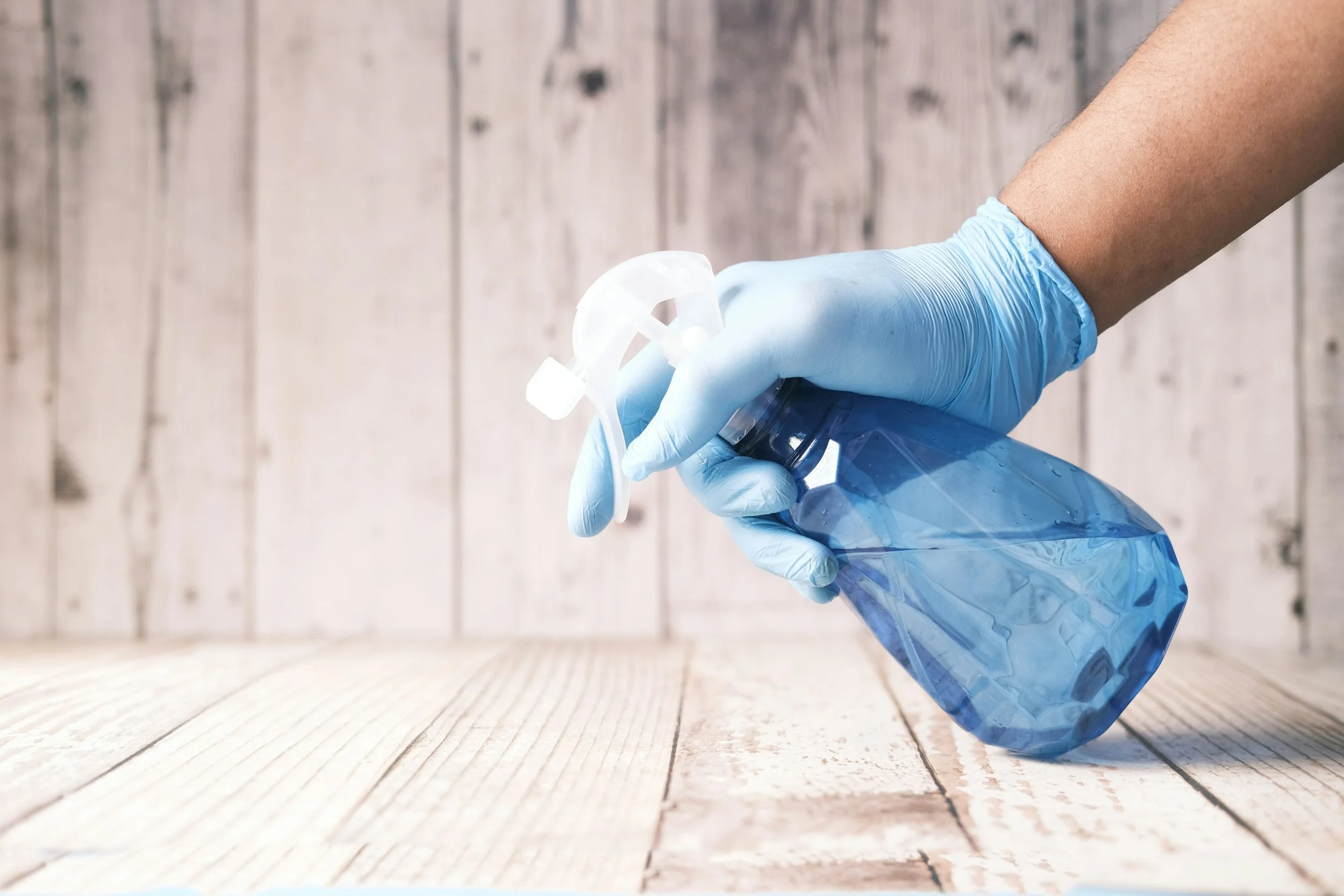 A gloved hand holding a spray bottle